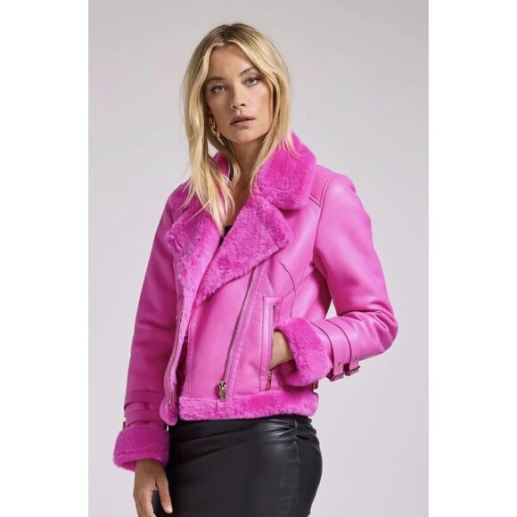 Generation Love Dion Faux Fur Shearling Moto Jacket in Hot Pink Size XS NWT $395